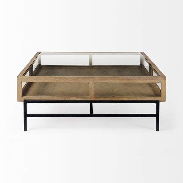 Arelius 42" Square Glass-Top Light Brown w/ Black Metal Base Display Coffee Table