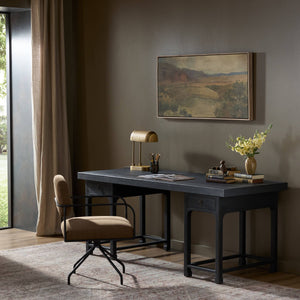 Avedon Desk In Aged Black Oak And Aged Black Oak Veneer And Brass Patina