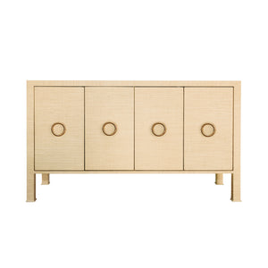 FOUR DOOR BUFFET WITH ANTIQUE BRASS CIRCLE HARDWARE IN NATURAL GRASSCLOTH