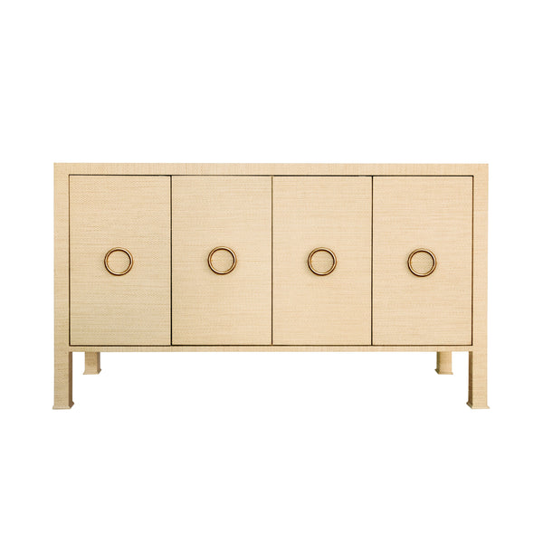 FOUR DOOR BUFFET WITH ANTIQUE BRASS CIRCLE HARDWARE IN NATURAL GRASSCLOTH