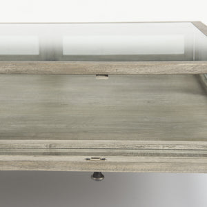 Arelius 42" Square Glass-Top Gray Wood w/ Black Metal Base Display Coffee Table