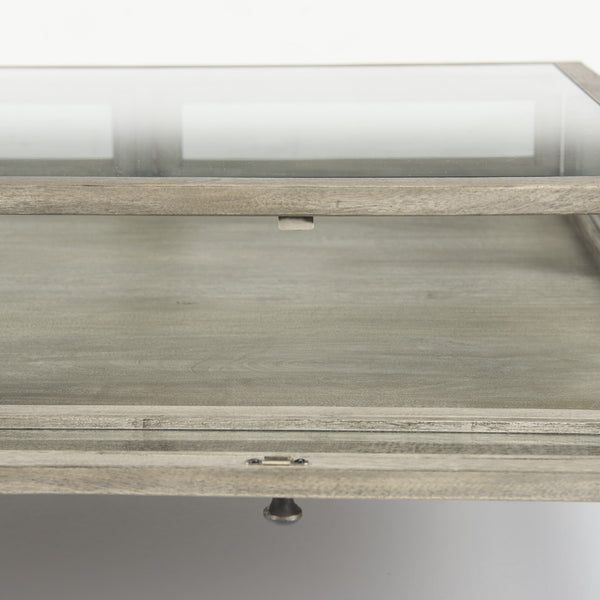 Arelius 42" Square Glass-Top Gray Wood w/ Black Metal Base Display Coffee Table