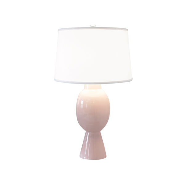 TALL BULB SHAPE CERAMIC TABLE LAMP WITH WHITE LINEN SHADE IN BLUSH