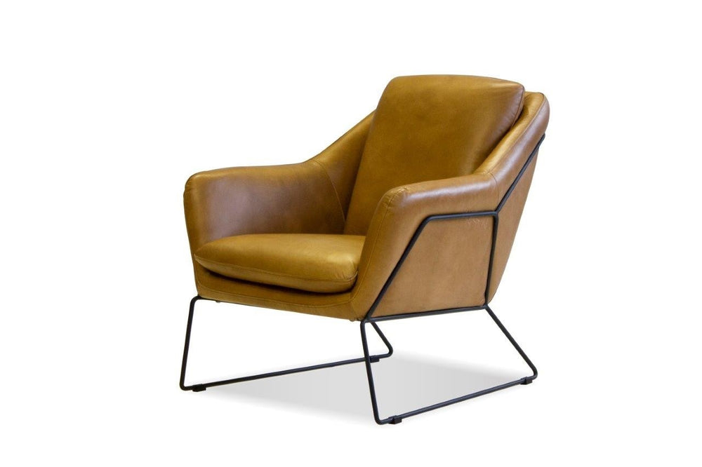 JASPER Occasional Chair in tan leather light black iron frame