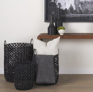 Lola 19.7L x 19.7W x 23.6 Set of 3 Black Water Hyacinth Zig Zag Weave Round Basket W/ Handles