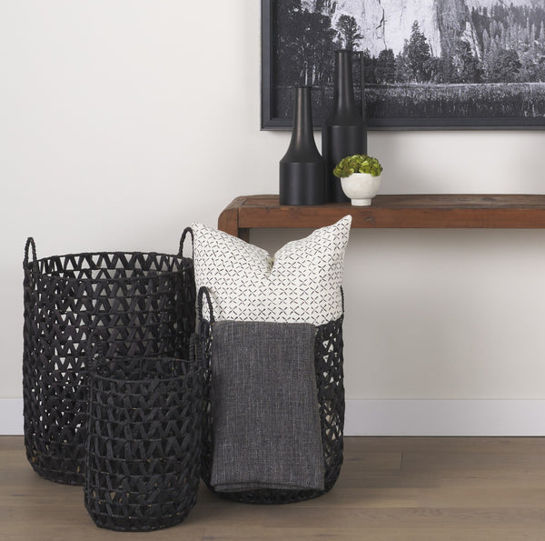 Lola 19.7L x 19.7W x 23.6 Set of 3 Black Water Hyacinth Zig Zag Weave Round Basket W/ Handles