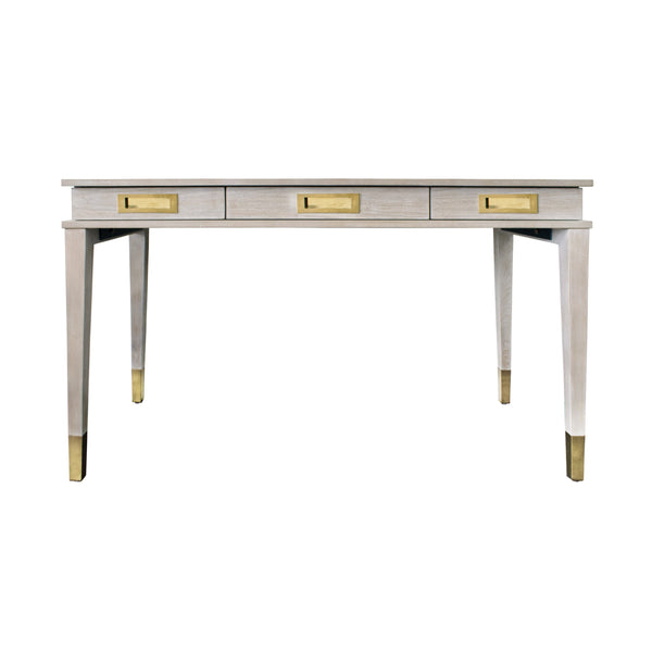 THREE DRAWER DESK WITH BRASS DETAILS IN CERUSED OAK