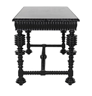 Portuguese Small Desk in Hand-Rubbed Black Mahogany with Brass Pulls