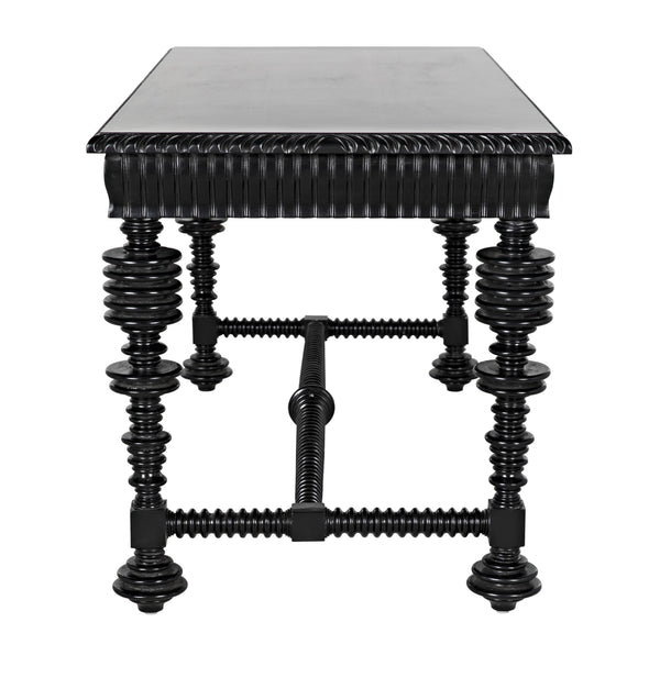 Portuguese Small Desk in Hand-Rubbed Black Mahogany with Brass Pulls