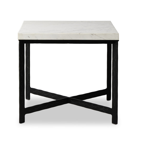 Hammered Iron End Table In White Marble