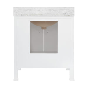 BATH VANITY WITH SCALLOP DETAIL IN MATTE WHITE LACQUER WITH WHITE MARBLE TOP AND PORCELAIN SINK