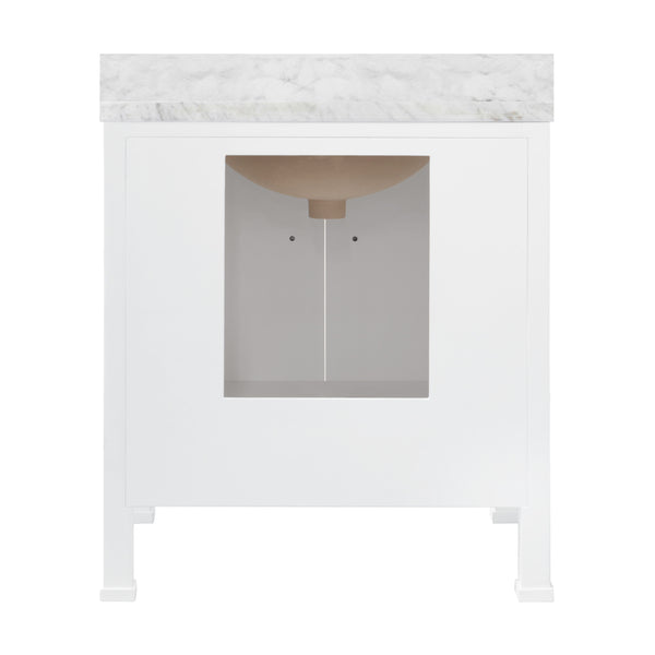 BATH VANITY WITH SCALLOP DETAIL IN MATTE WHITE LACQUER WITH WHITE MARBLE TOP AND PORCELAIN SINK