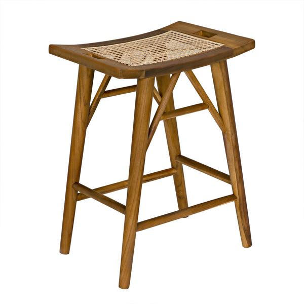 Murphy Teak and Caning Counter Stool with Clear Flat Finish