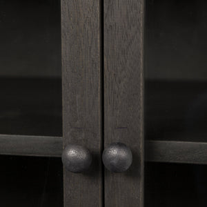 Arelius  36L x 18W Black-Brown Wood, Black Metal Base w/ 2 Glass Doors Accent Cabinet