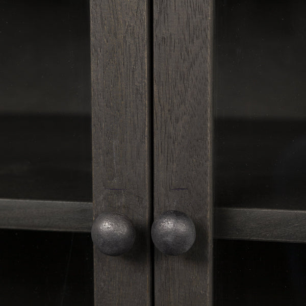 Arelius  36L x 18W Black-Brown Wood, Black Metal Base w/ 2 Glass Doors Accent Cabinet