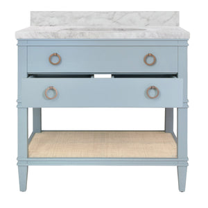 BATH VANITY IN MATTE LIGHT BLUE LACQUER WITH OPEN CANE SHELF, WHITE MARBLE TOP, AND PORCELAIN SINK