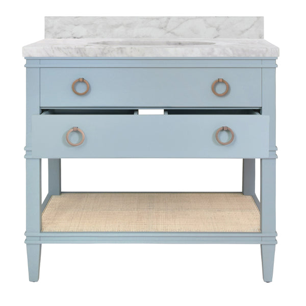 BATH VANITY IN MATTE LIGHT BLUE LACQUER WITH OPEN CANE SHELF, WHITE MARBLE TOP, AND PORCELAIN SINK
