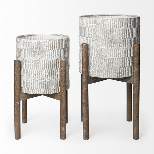 Groot Set of Two 11.8 x 23  Eggshell Ceramic Wooden Base Plant Stands