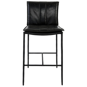 Mayer Leather Counter Stool with Hammered Iron Legs - Jet Black