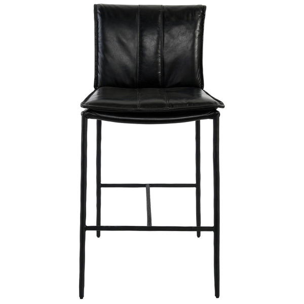 Mayer Leather Counter Stool with Hammered Iron Legs - Jet Black