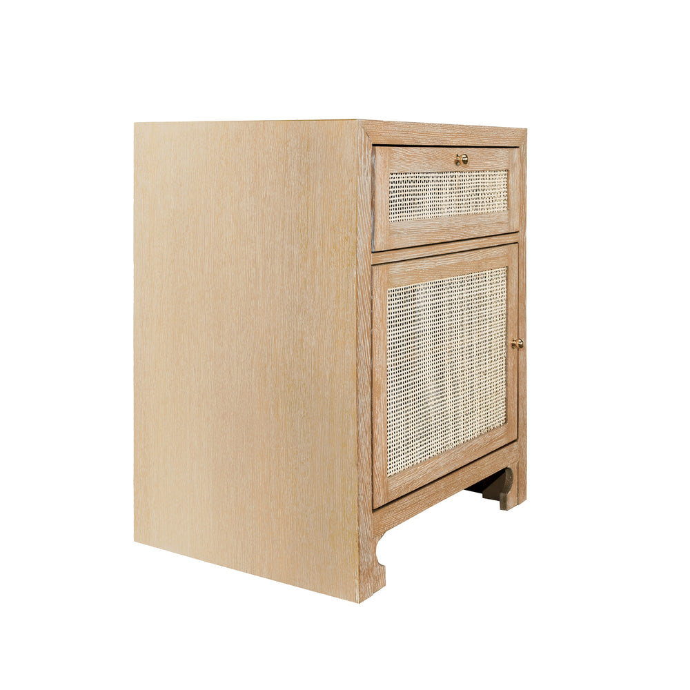 ONE DOOR CABINET WITH CANE DOOR FRONT IN CERUSED OAK