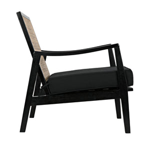 Lichtenstein Sungkai and Mindi Wood Chair with Peeled Rattan Detailing in Charcoal Black with Black Cotton Upholstery