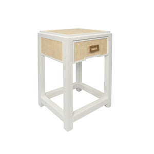ONE DRAWER SIDE TABLE WITH MATTE WHITE LACQUER FRAME AND NATURAL GRASSCLOTH DRAWER FRONTS