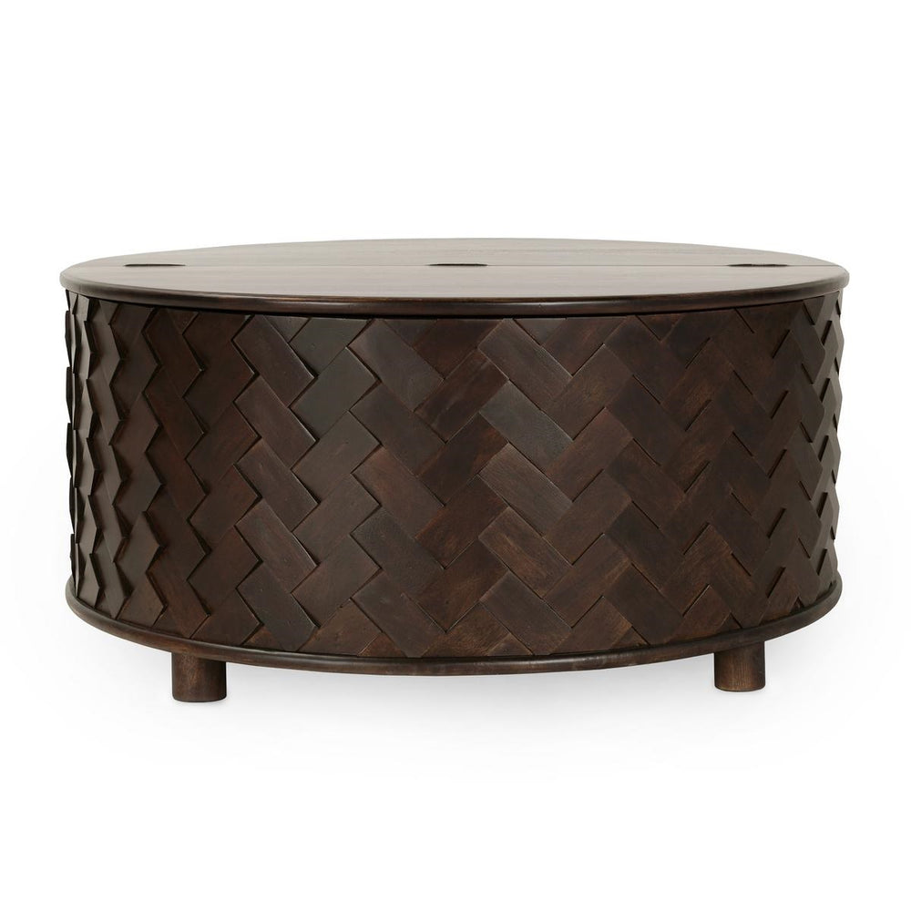 Shira Solid Wood Round Storage Coffee Table in Kona Brown Finish