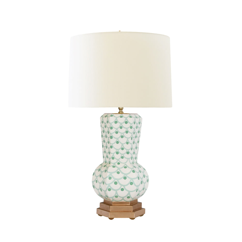 HANDPAINTED GOURD SHAPE TOLE TABLE LAMP IN GREEN SCALE PATTERN