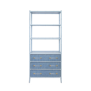 THREE DRAWER ETAGERE WITH BAMBOO DETAIL IN BLUE DYED GRASSCLOTH AND LIGHT BLUE MATTE LACQUER