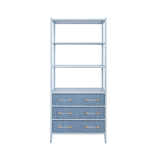 THREE DRAWER ETAGERE WITH BAMBOO DETAIL IN BLUE DYED GRASSCLOTH AND LIGHT BLUE MATTE LACQUER