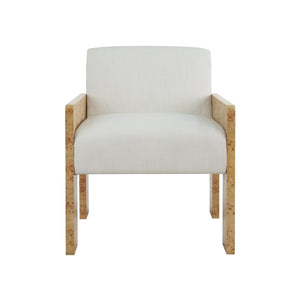 SQUARE ARM WOODEN ACCENT CHAIR IN BURL WOOD WITH PERFORMANCE WHITE LINEN UPHOLSTERY