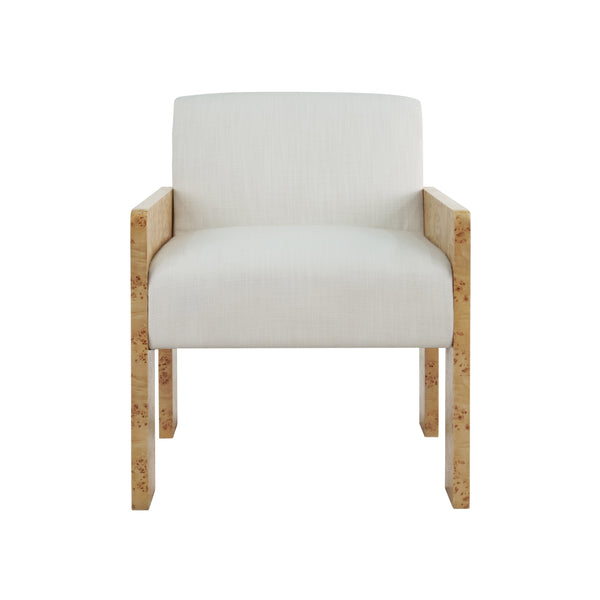 SQUARE ARM WOODEN ACCENT CHAIR IN BURL WOOD WITH PERFORMANCE WHITE LINEN UPHOLSTERY