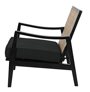 Lichtenstein Sungkai and Mindi Wood Chair with Peeled Rattan Detailing in Charcoal Black with Black Cotton Upholstery