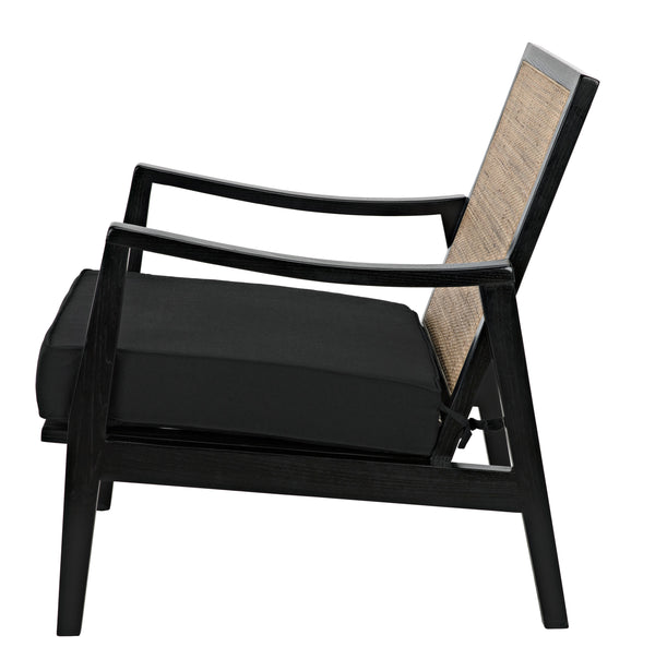 Lichtenstein Sungkai and Mindi Wood Chair with Peeled Rattan Detailing in Charcoal Black with Black Cotton Upholstery