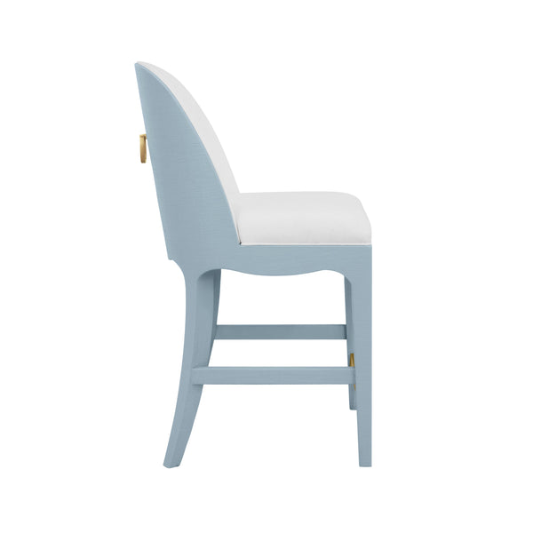 CURVED COUNTER STOOL WITH SATIN BRASS RING HARDWARE ON BACK IN PERFORMANCE WHITE LINEN UPHOLSTERY AND TEXTURED LIGHT BLUE LINEN FRAME