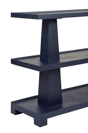 THREE TIER TWO COLUMN CONSOLE IN TEXTURED NAVY LINEN