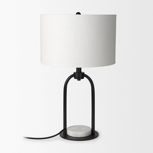 Sarah 15.0L x 10.0W x 22.2H Arched Black Metal W/Marble Cube and White Shade Table Lamp