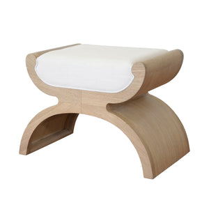 CURVED BASE STOOL WITH WHITE LINEN CUSHION IN CERUSED OAK