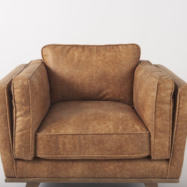 Brooks 41.7L x 34.8W x 33.5H Cognac Brown Faux Leather Chair W/ Medium Brown Wooden Legs
