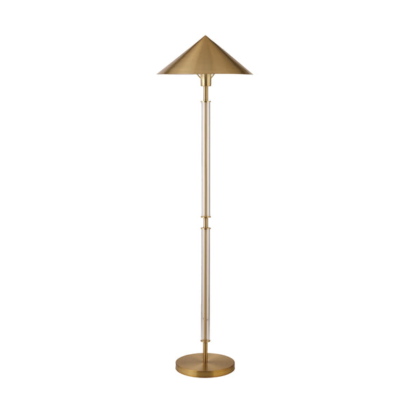 FLOOR LAMP WITH ACRYLIC POLE AND TRIANGULAR METAL SHADE IN BRUSHED BRASS