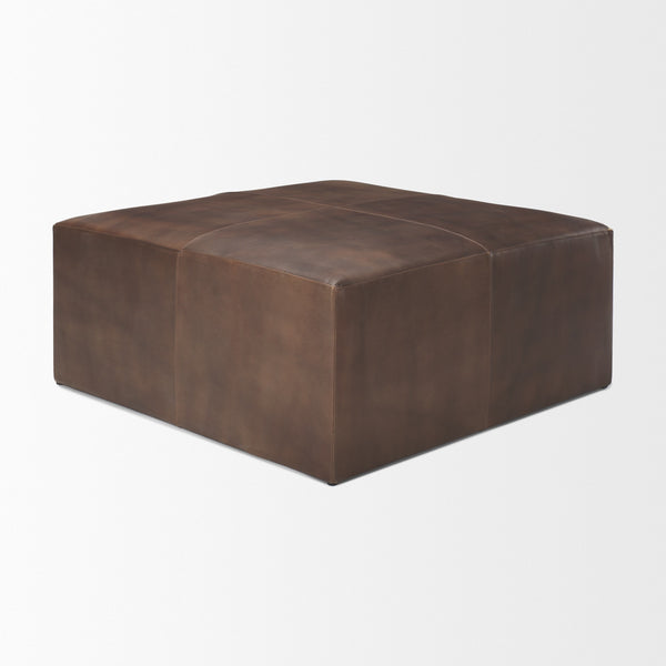 Minara 36" Square Brown Leather Wrapped w/Wood Base Ottoman