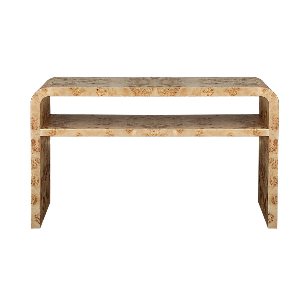 WATERFALL EDGE TWO TIER CONSOLE TABLE IN BURL WOOD
