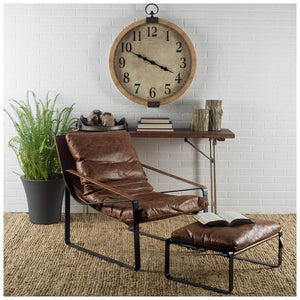 Hornet I 14"H Brown Leather Black Metal Base Ottoman