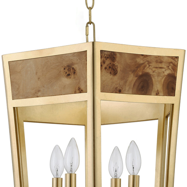 4-LIGHT HEXAGON PENDANT WITH GOLD METAL FRAME AND INSET BURL WOOD