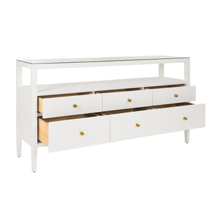 SIX DRAWER CONSOLE WITH OPEN SHELF IN TEXTURED WHITE LINEN WITH POLISHED BRASS KNOBS