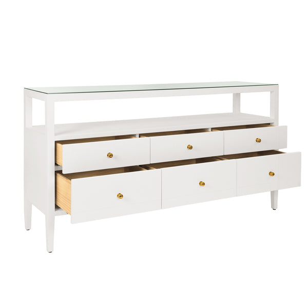 SIX DRAWER CONSOLE WITH OPEN SHELF IN TEXTURED WHITE LINEN WITH POLISHED BRASS KNOBS