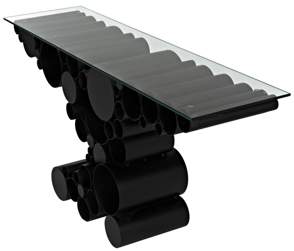 Paradox Console Table in Matte Black Industrial Steel with Glass Top