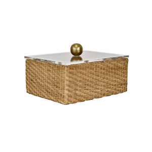 SMALL WOVEN RATTAN CONTAINER WITH ACRYLIC LID AND BRASS BALL HANDLE