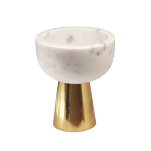 SMALL WHITE MARBLE BOWL WITH BRASS BASE